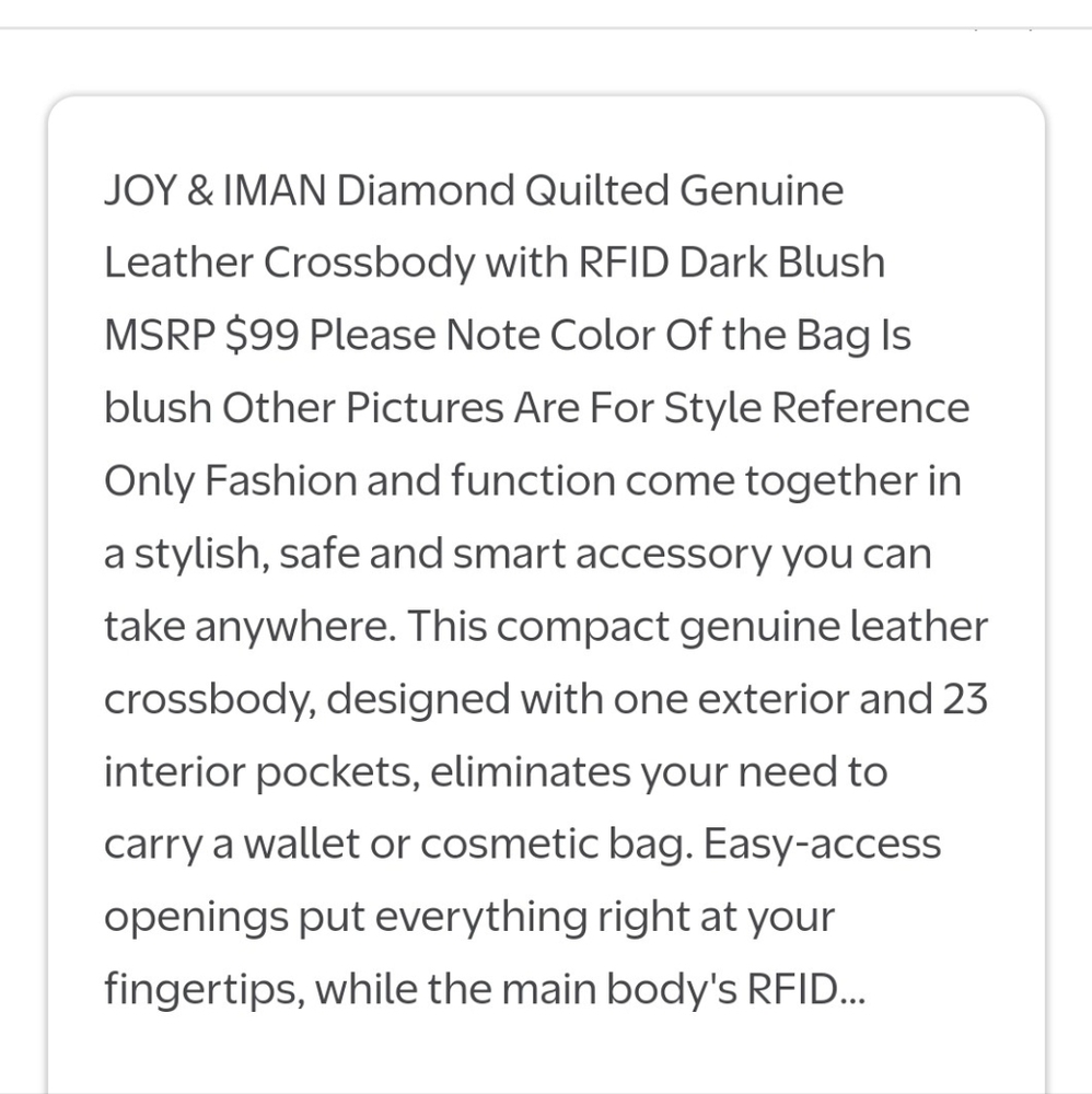 Joy & Iman Diamond Quilted Genuine Leather Crossbody With RFID~ - Picture 14 of 16